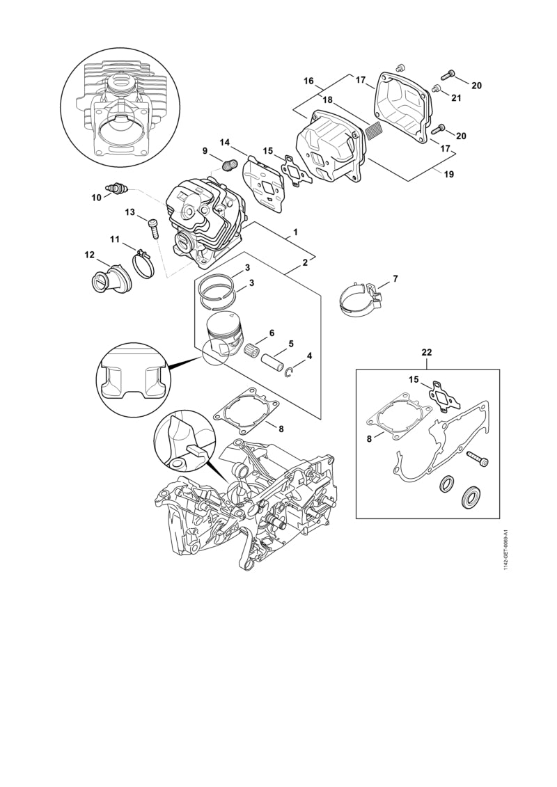 STIHL 1142-020-1201 Cilinder met zuiger Ø 52 mm positie 1 technische tekening