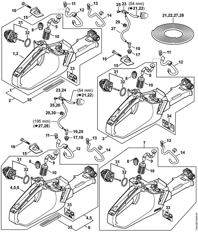 STIHL 1143-358-7702 Slang positie 12 technische tekening