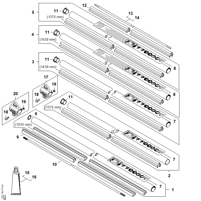 STIHL 4147-711-3211 Aandrijfas positie 14 technische tekening
