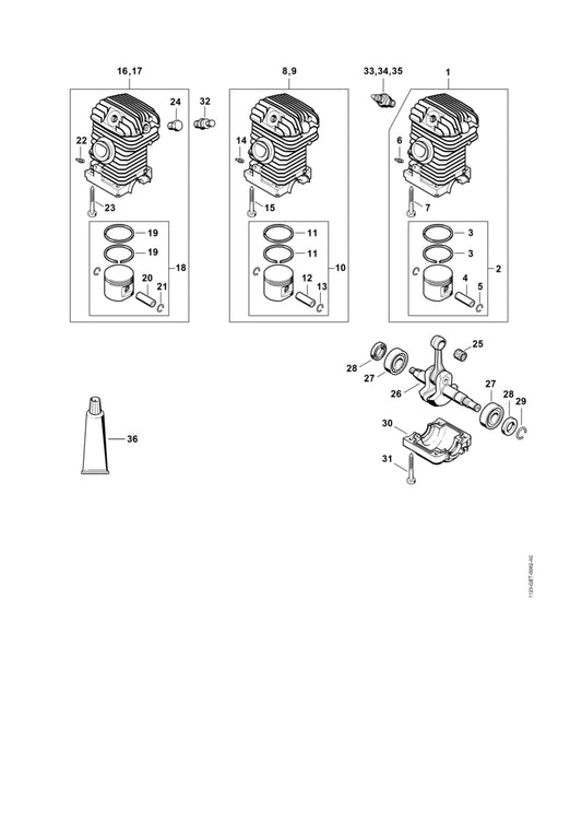 STIHL 1123-020-1228 Cilinder m. zuiger Ø 42,5 mm positie 1 technische tekening