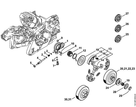STIHL 1141-007-1001 Set ringkettingtandwiel 3/8" 7t positie 22 technische tekening