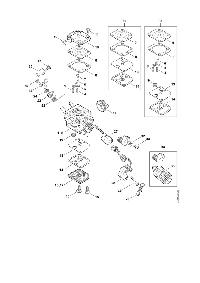 STIHL Z000001K070 Carb. membraanset RB-176 positie 37 technische tekening
