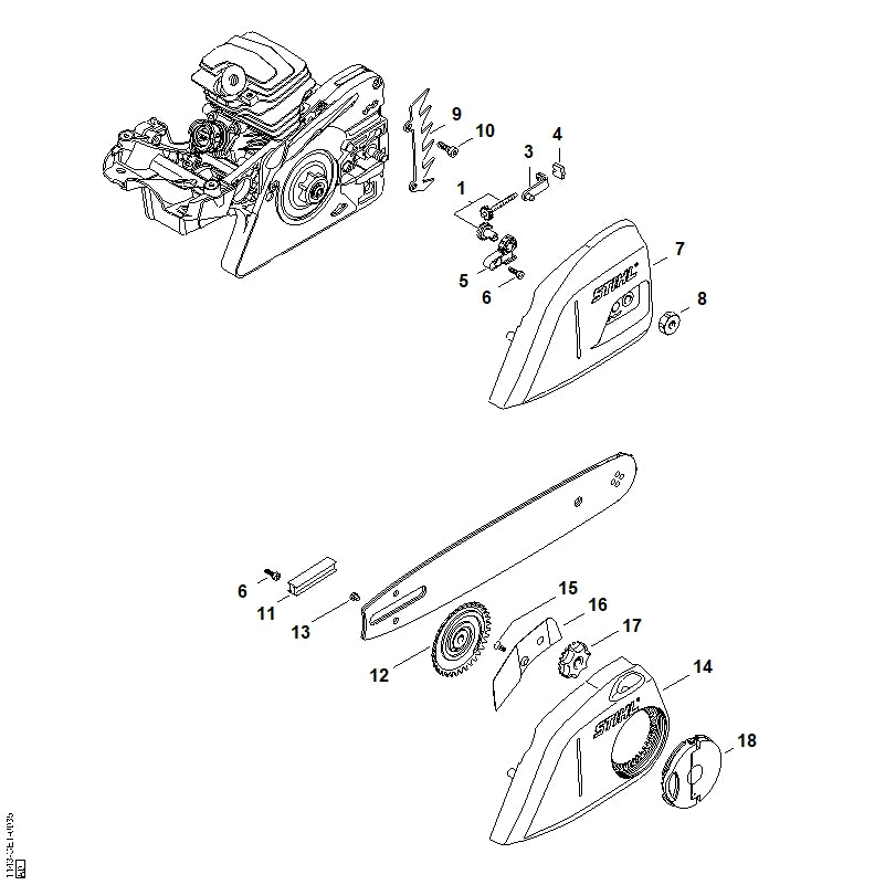 STIHL 1143-007-1005 Set kettingsnelspanner positie -1 technische tekening