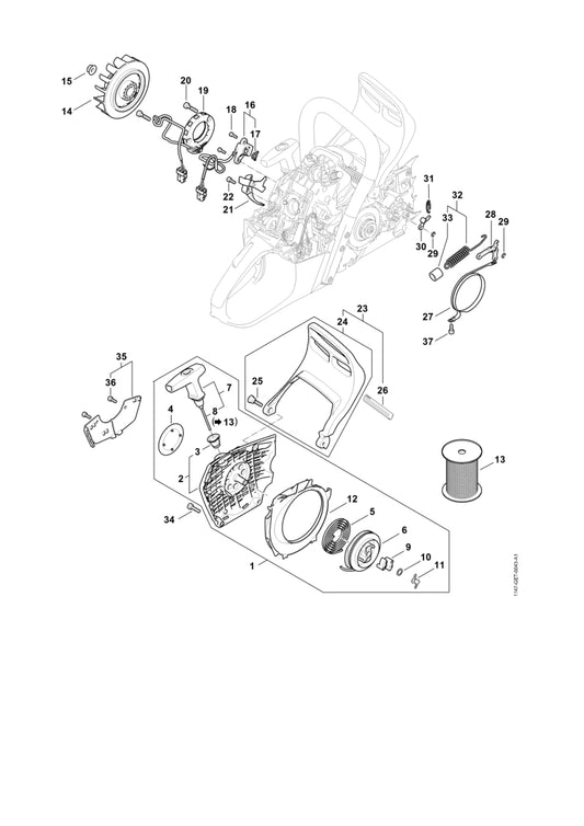 STIHL 1147-080-2101 Ventilatorhuis met startmechanisme positie 1 technische tekening