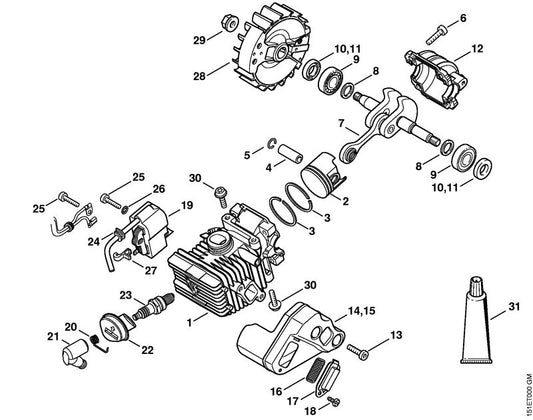STIHL 1137-020-1202 Cilinder m. zuiger Ø 37 mm positie 1 technische tekening