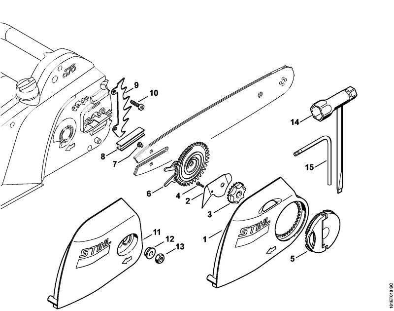 STIHL 1208-007-1000 Set kettingsnelspanner positie -1 technische tekening