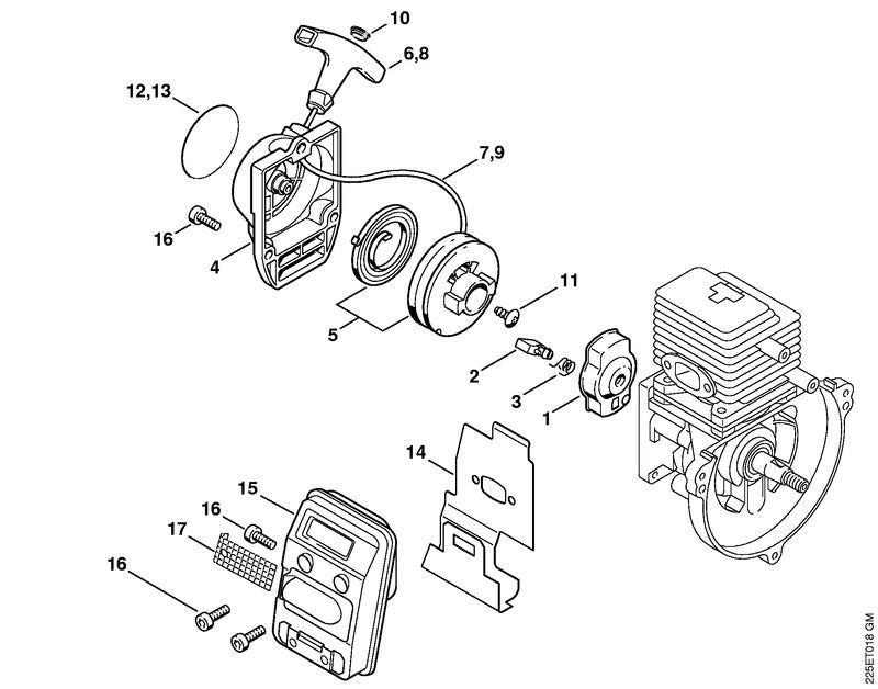 STIHL 4137-190-1100 Koordrol met starterveer positie 5 technische tekening
