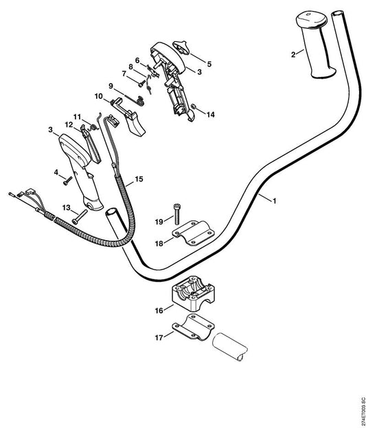 STIHL 4134-790-1701 Handgreep positie 1 technische tekening