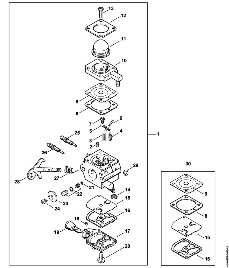 STIHL 4140-120-7104 Gasklepas m hefboom positie 28 technische tekening