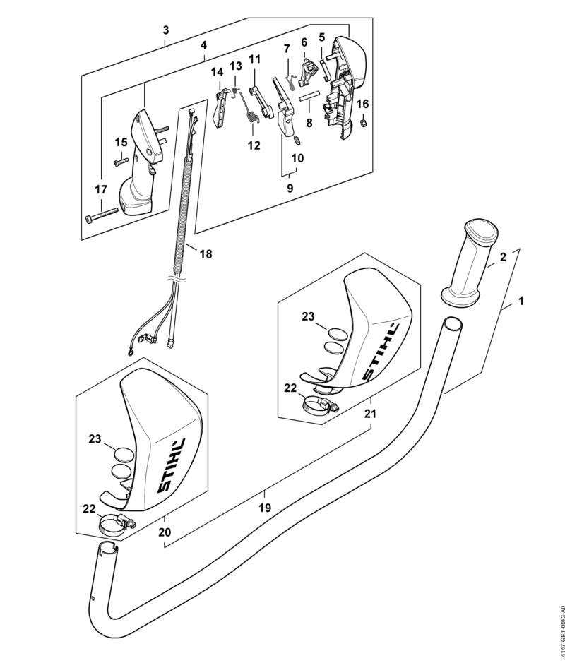STIHL 4147-790-1711 Handgreep positie 1 technische tekening