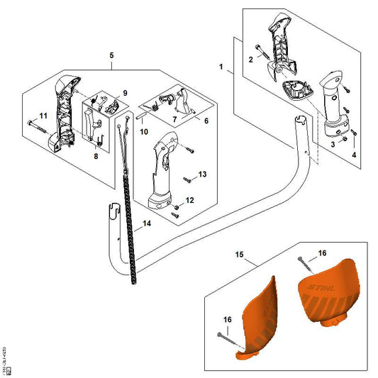 STIHL 4148-790-1716 Handgreep positie 1 technische tekening