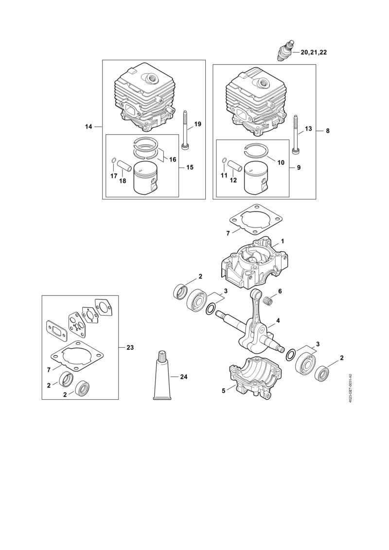 STIHL 4241-020-1202 Cilinder m. zuiger Ø 34 mm positie 14 technische tekening