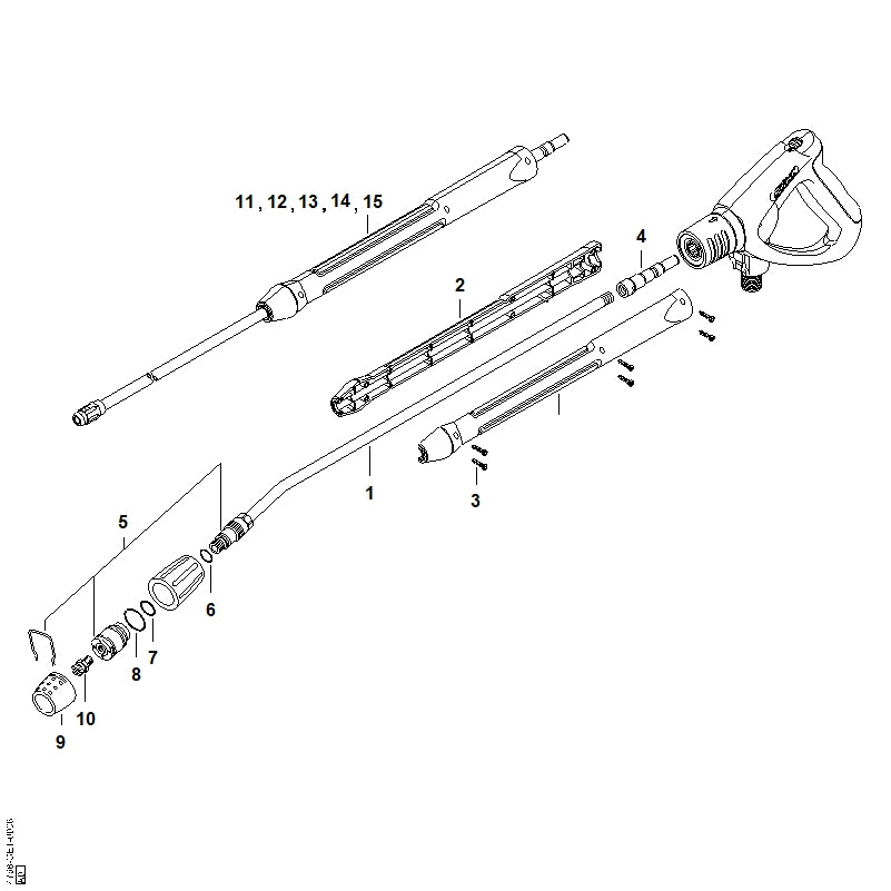 STIHL 4925-500-8403 Spuitlans, geknikt met sproeierkop, 890 mm positie 1 technische tekening