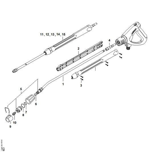 STIHL 4925-500-8403 Spuitlans, geknikt met sproeierkop, 890 mm positie 1 technische tekening