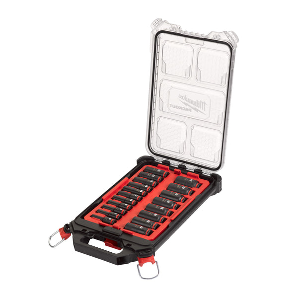 Milwaukee ⅜˝ SHOCKWAVE doppenset (19 stuks) In PACKOUT Slim Organiser