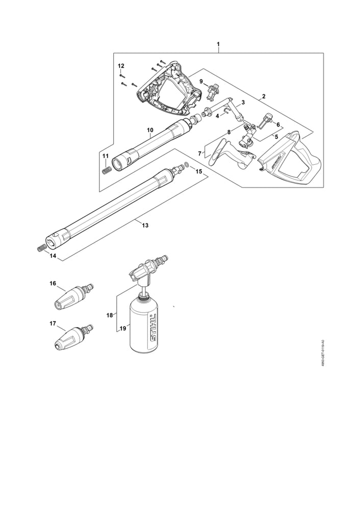 STIHL 4930-500-1307 Pistool positie 1 technische tekening