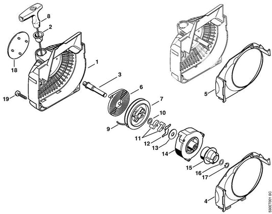 STIHL 1123-080-2116 Ventilatorhuis met startmechanisme positie -1 technische tekening