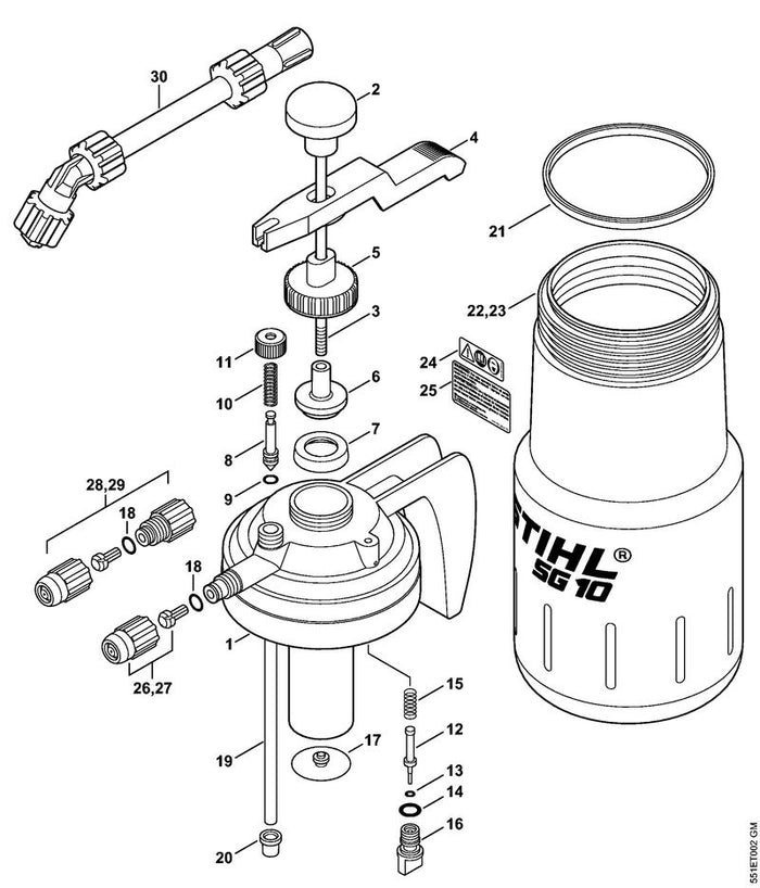 STIHL 4247-708-3500 Zuigpijp positie 19 technische tekening