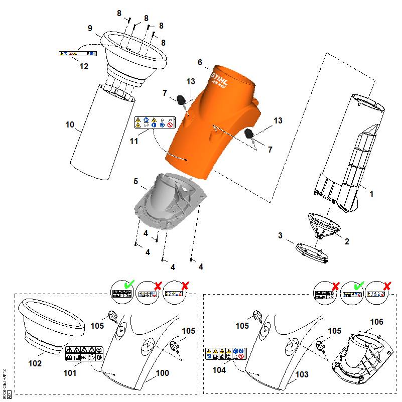 STIHL 6008-701-7912 onderstuk trechter positie 100 technische tekening