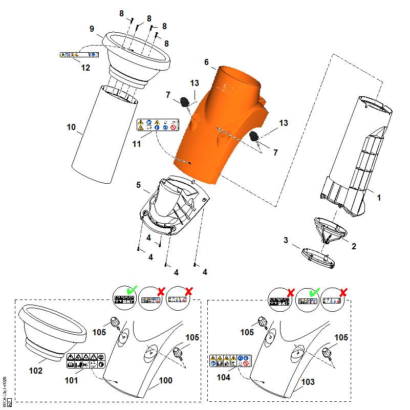 STIHL 6008-701-7932 onderstuk trechter positie 100 technische tekening