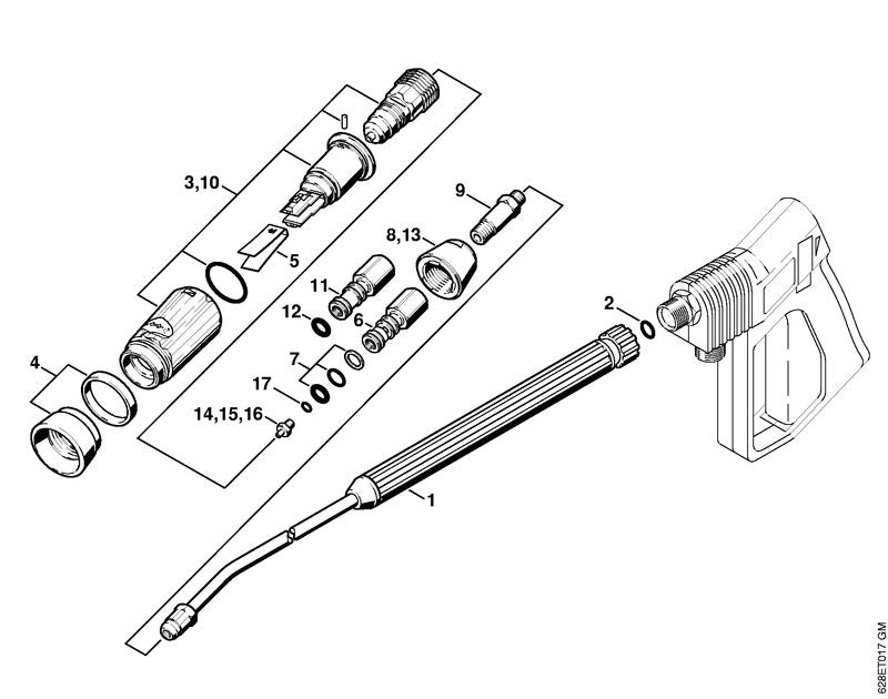 STIHL 4925-500-0911 Spuitlans 1 m, gebogen positie 1 technische tekening