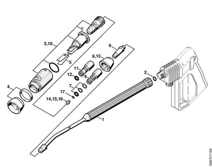 STIHL 4925-500-0911 Spuitlans 1 m, gebogen positie 1 technische tekening