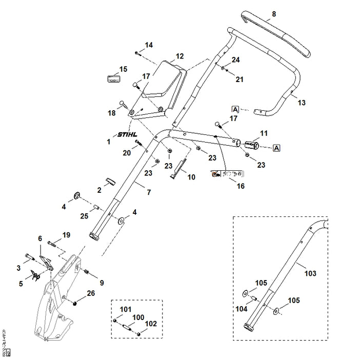 STIHL 6364-780-2800 onderstuk duwstang positie 103 technische tekening
