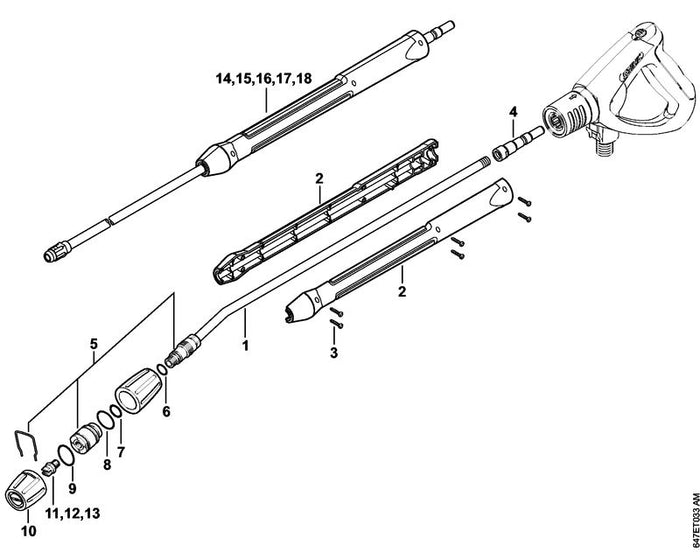 STIHL 4925-500-8401 Spuitlans, geknikt met sproeierkop, 950 mm positie 1 technische tekening