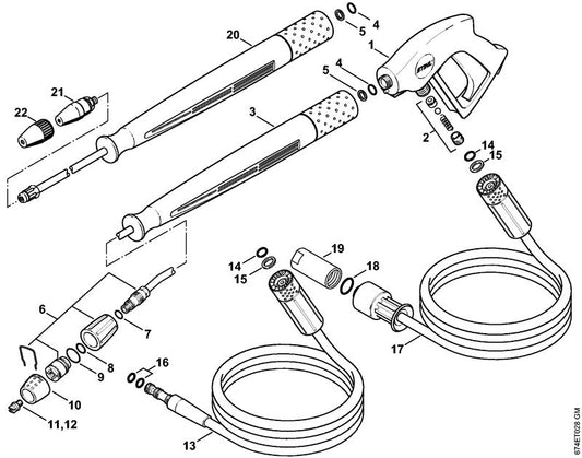 STIHL 4925-500-0945 Spuitlans 840 mm, gebogen positie 3 technische tekening