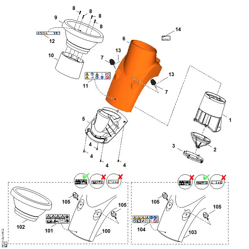 STIHL 6903-701-7902 onderstuk trechter positie 100 technische tekening