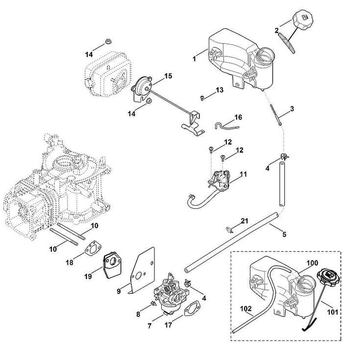 STIHL 0002-351-0500 tankbehuizing positie 100 technische tekening