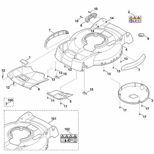 STIHL 6383-700-8501 behuizing compl. positie 101 technische tekening