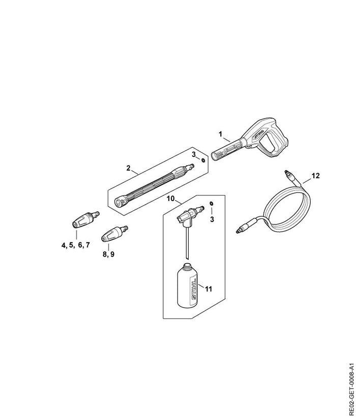 STIHL RE025000801 Hogedrukslang positie 12 technische tekening